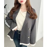 マットゴールド釦配色フリルピンストライプWテーラージャケット | moment+ | 詳細画像3 