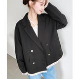 ブラック | マットゴールド釦配色フリルピンストライプWテーラージャケット | moment+