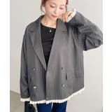 チャコールグレー | マットゴールド釦配色フリルピンストライプWテーラージャケット | moment+