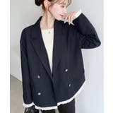 ネイビー | マットゴールド釦配色フリルピンストライプWテーラージャケット | moment+