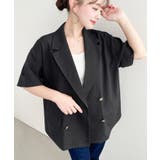 ブラック | リネンタッチ半袖ダブルテーラージャケット | moment+