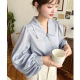 ブルー | シアーランダムプリーツレトロカラーボリュームスリーブブラウス | moment+