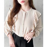 ベージュ | パール釦マルチウェイ配色メローフリル長袖ブラウス | moment+