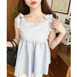 ブルー | エンボスふくれフラワージャガード肩リボンペプラムビスチェ | moment+