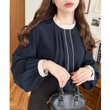 ネイビー | フロントタックバイカラーデザイン長袖ブラウス | moment+