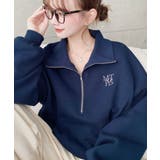 ネイビー | 裏起毛ワンポイント刺繍ハーフジップスウェット | moment+