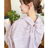 ピンク | マルチストライプ後ろ編み上げ長袖シャツ | moment+
