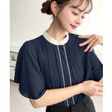 ネイビー | フロントタックバイカラーラッフルスリーブ半袖ブラウス シフォンジョーゼット | moment+