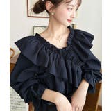 ネイビー | ドビーストライプマルチウェイオフショルクロスフリルショート丈ブラウス | moment+