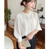 シフォンジョーゼットスタンドカラーフロントレースシャツ | moment+ | 詳細画像15