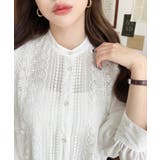 シフォンジョーゼットスタンドカラーフロントレースシャツ | moment+ | 詳細画像5