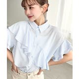 サックスブルー | 半袖フリルブラウス クレーププリーツ | moment+