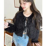 ブラック | 前後2WAYショート丈フリンジリボンカーディガン | moment+