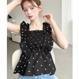 リネンライクドットプリントシャーリングペプラムフリルブラウス | moment+ | 詳細画像5