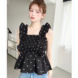 ブラック | リネンライクドットプリントシャーリングペプラムフリルブラウス | moment+