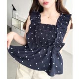 ネイビー | リネンライクドットプリントシャーリングペプラムフリルブラウス | moment+