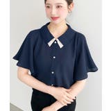 シフォンジョーゼットフレアスリーブ配色ダブルカラー半袖ブラウス | moment+ | 詳細画像15 