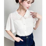 シフォンジョーゼットフレアスリーブ配色ダブルカラー半袖ブラウス | moment+ | 詳細画像3 