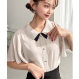 シフォンジョーゼットフレアスリーブ配色ダブルカラー半袖ブラウス | moment+ | 詳細画像5 