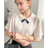 シフォンジョーゼットフレアスリーブ配色ダブルカラー半袖ブラウス | moment+ | 詳細画像6 