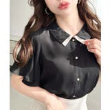 ブラック | シフォンジョーゼットフレアスリーブ配色ダブルカラー半袖ブラウス | moment+