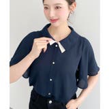 ネイビー | シフォンジョーゼットフレアスリーブ配色ダブルカラー半袖ブラウス | moment+