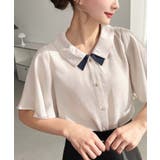 ライトベージュ | シフォンジョーゼットフレアスリーブ配色ダブルカラー半袖ブラウス | moment+