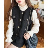 ブラック | フェイクリングウール金ボタンノーカラーベスト | moment+