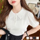 ストライプレースパフスリーブ半袖ポロシャツ | moment+ | 詳細画像1 