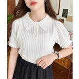 ストライプレースパフスリーブ半袖ポロシャツ | moment+ | 詳細画像3 