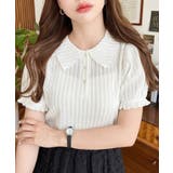 ストライプレースパフスリーブ半袖ポロシャツ | moment+ | 詳細画像5 