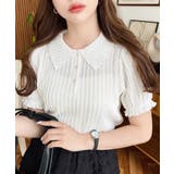 オフホワイト | ストライプレースパフスリーブ半袖ポロシャツ | moment+