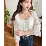 フラワーストライプストレッチレースショート丈フリルカーディガン | moment+ | 詳細画像2 