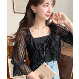 ブラック | フラワーストライプストレッチレースショート丈フリルカーディガン | moment+