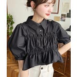 ブラック | 無地&マルチストライプフリルビスチェセット半袖シャツブラウス | moment+