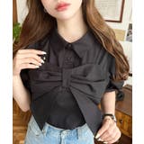 ブラック | 無地＆マルチストライプリボンビスチェセット半袖シャツブラウス | moment+