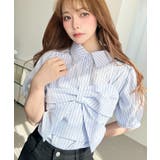 ブルー系その他 | 無地＆マルチストライプリボンビスチェセット半袖シャツブラウス | moment+