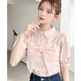 ピンク | 無地＆マルチストライプリボンビスチェセット半袖シャツブラウス | moment+