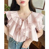 ビッグカラーカスケードフリルレースアップ半袖ブラウス | moment+ | 詳細画像1