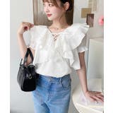 ビッグカラーカスケードフリルレースアップ半袖ブラウス | moment+ | 詳細画像12