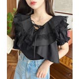 ビッグカラーカスケードフリルレースアップ半袖ブラウス | moment+ | 詳細画像14