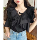 ビッグカラーカスケードフリルレースアップ半袖ブラウス | moment+ | 詳細画像16