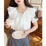 ビッグカラーカスケードフリルレースアップ半袖ブラウス | moment+ | 詳細画像3