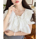 ビッグカラーカスケードフリルレースアップ半袖ブラウス | moment+ | 詳細画像6