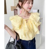 イエロー | ビッグカラーカスケードフリルレースアップ半袖ブラウス | moment+