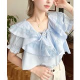 サックスブルー | ビッグカラーカスケードフリルレースアップ半袖ブラウス | moment+