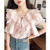 ピンク | ビッグカラーカスケードフリルレースアップ半袖ブラウス | moment+