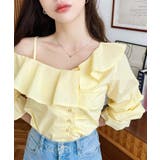 イエロー | フロントタックアシンメトリーフリルワンショルダーブラウス | moment+