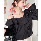 ブラック | フロントタックアシンメトリーフリルワンショルダーブラウス | moment+