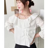 オフホワイト | フロントタックアシンメトリーフリルワンショルダーブラウス | moment+